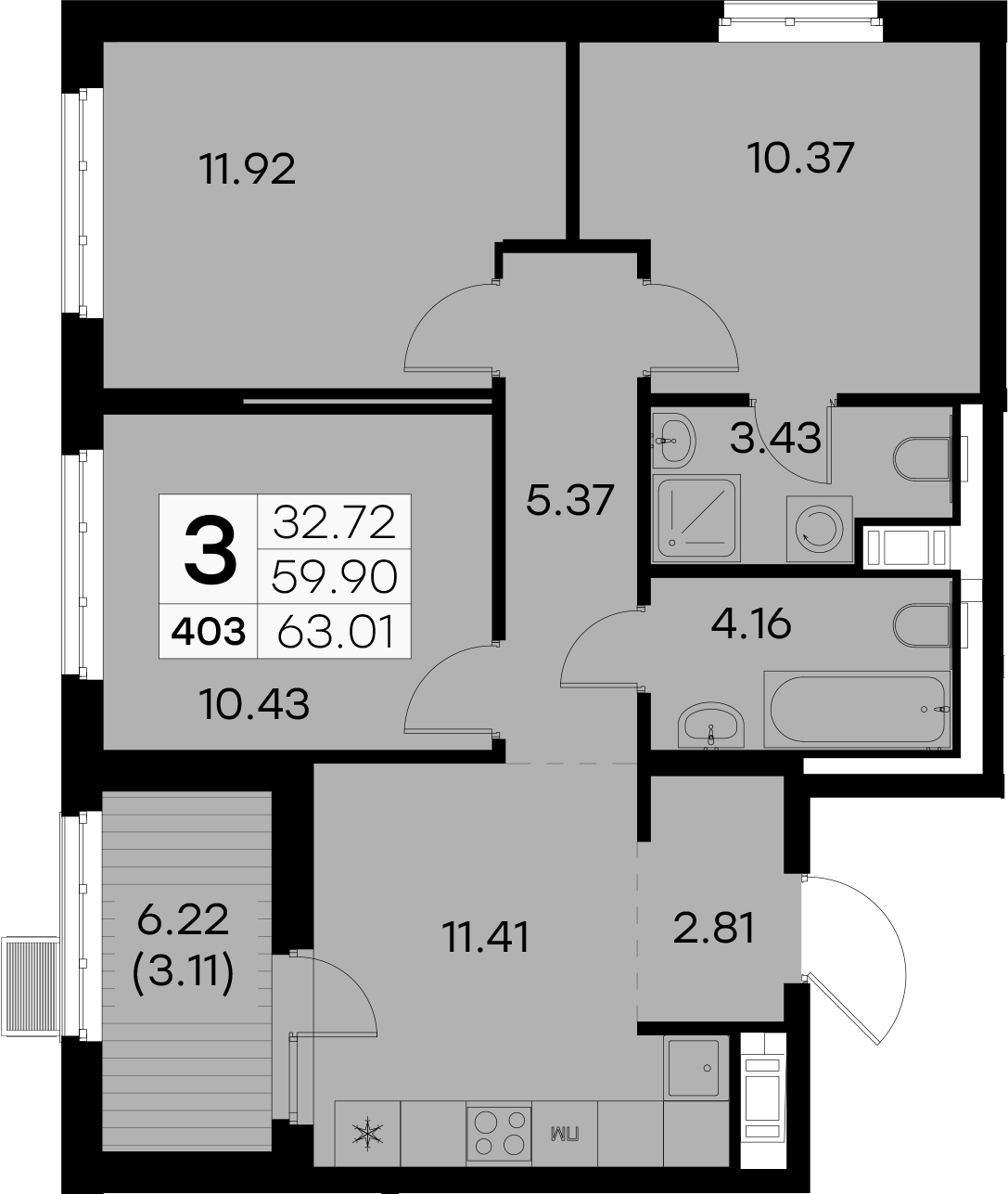 3-комнатная квартира 63.01 м², 9/9 эт., ЖК «Glorax City Балтийская»